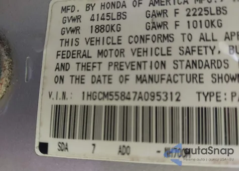 2007 Honda Accord 2.4 Ex from USA, damaged, VIN 1HGCM55847A095312